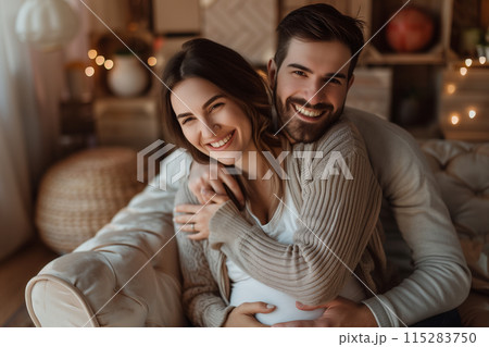 Happy Expectant Couple Embracing on a Cozy Living Room Sofa 115283750