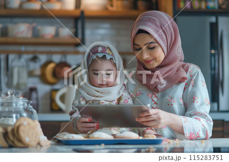 Muslim Mother and Daughter Using Tablet in Kitchen 115283751