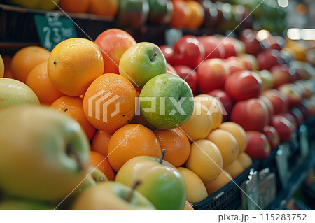 Fresh Oranges, Green Apples, and Red Apples Displayed in a Grocery Store Produce Section 115283752