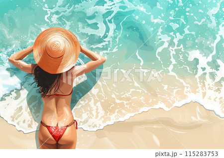 Woman in Red Bikini Relaxing on Beach With Straw Hat and Waves 115283753
