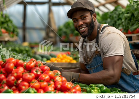 Smiling Farmer in a Greenhouse Arranging Tomatoes and Peppers 115283754