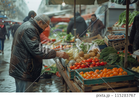 Elderly Man Shopping For Vegetables At A City Market Elderly Man Shopping For Vegetables At A City Market 115283767