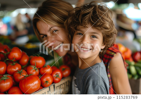 Smiling Boy And Mother At Farmers Market Smiling Boy And Mother At Farmers Market 115283769