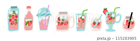 A set of strawberry lemonade. Summer berry refreshing beverage with strawberry and mint. 115283905