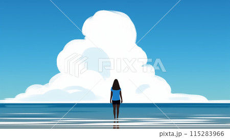 真夏の海と大きな入道雲と若い女性の後ろ姿