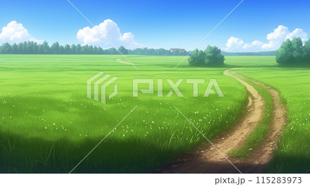 轍の残る草原と夏の青空