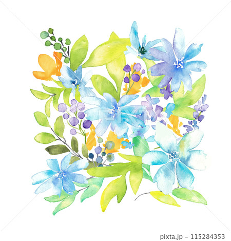 水彩画。水彩タッチの花と草木イラスト。植物のベクターイラスト