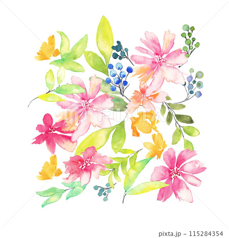 水彩画。水彩タッチの花と草木イラスト。植物のベクターイラスト