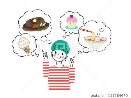 何を食べようかと幸せそうな表情で考えている女性 何を食べようかと幸せそうな表情で考えている女性 115284470