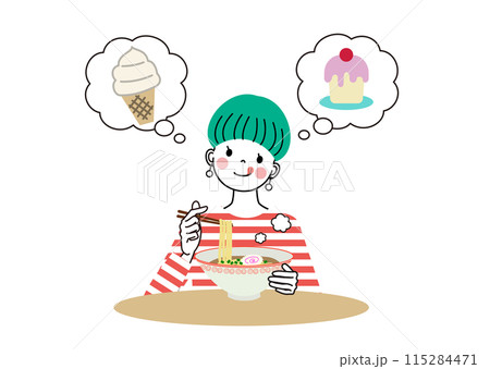 ラーメンの後に食べるスイーツをのことを幸せそうな表情で考えている女性 115284471