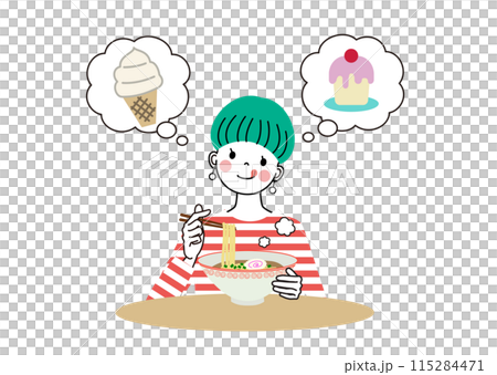 ラーメンの後に食べるスイーツをのことを幸せそうな表情で考えている女性 115284471