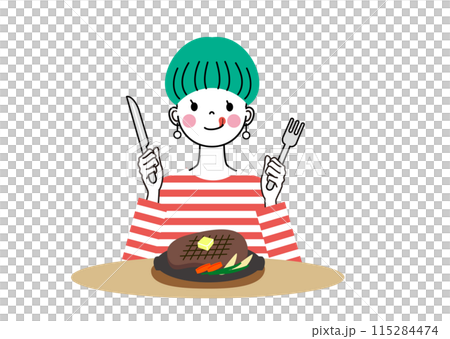 厚切りステーキを前にして幸せそうな表情の女性 厚切りステーキを前にして幸せそうな表情の女性 115284474