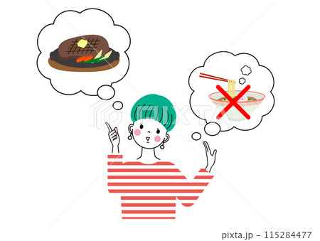 ラーメンじゃなくてステーキを食べようと考えている女性 115284477