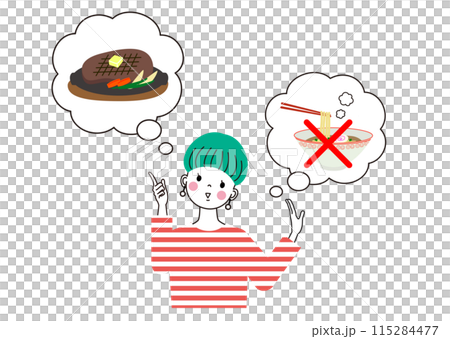 ラーメンじゃなくてステーキを食べようと考えている女性 115284477