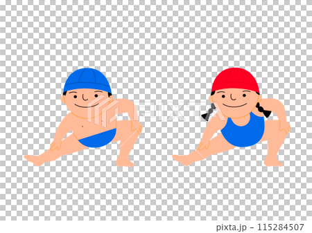 笑顔で準備運動をする水着の男の子と女の子　青キャップ　赤キャップ　　 115284507