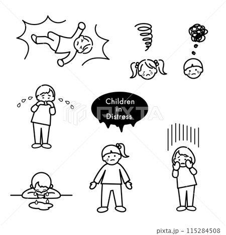 落ち込む子供のイラストセット　モノクロ線画 115284508