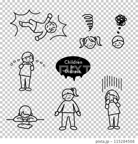 落ち込む子供のイラストセット　モノクロ線画 115284508