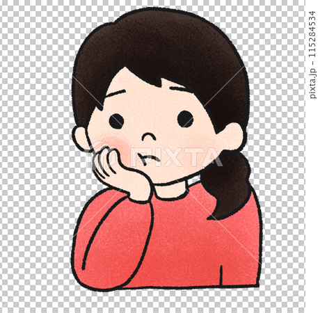 手繪插圖，一個牙痛的女孩把手放在臉頰上 115284534