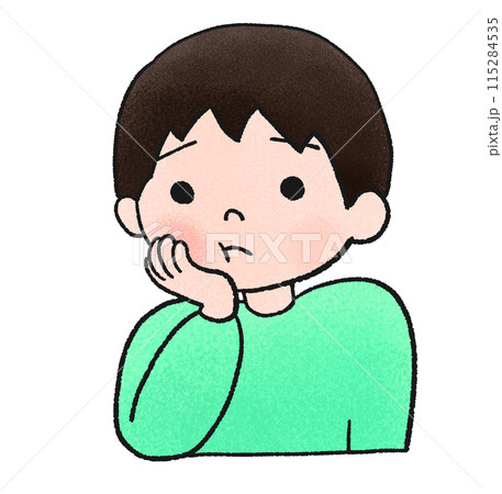 歯が痛い、頬に手を当てる男の子の手描きイラストのイラスト素材 