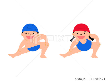 笑顔で準備運動をする水着の男の子と女の子 青キャップ 赤キャップ 笑顔で準備運動をする水着の男の子と女の子 青キャップ 赤キャップ 115284571