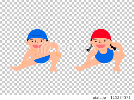 穿著泳衣的男孩和女孩微笑著熱身，藍色帽子，紅色帽子 115284571