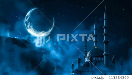 An illustration of a mosque stands majestically at night, illuminated softly by a crescent moon light. The serene beauty and spiritual significance of a mosque at night. Generative AI. 115284599