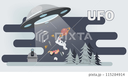 A flat illustration of a UFO stealing various objects and animals on a dark night A flat illustration of a UFO stealing various objects and animals on a dark night 115284914