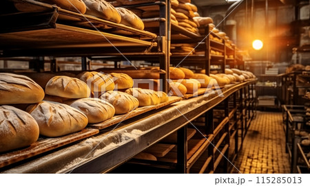 棚に並ぶ焼きたてのパン、パン屋の風景 棚に並ぶ焼きたてのパン、パン屋の風景 115285013