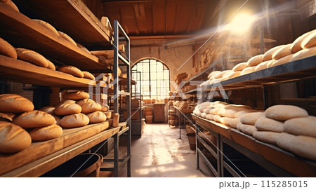 棚に並ぶ焼きたてのパン、パン屋の風景 棚に並ぶ焼きたてのパン、パン屋の風景 115285015