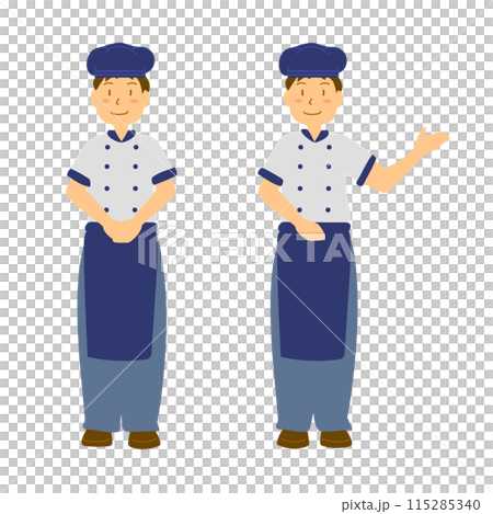 帽子をかぶって笑顔で接客する男性のイラスト 115285340