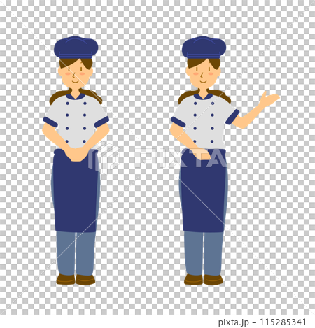 帽子をかぶって笑顔で接客する女性のイラスト 115285341