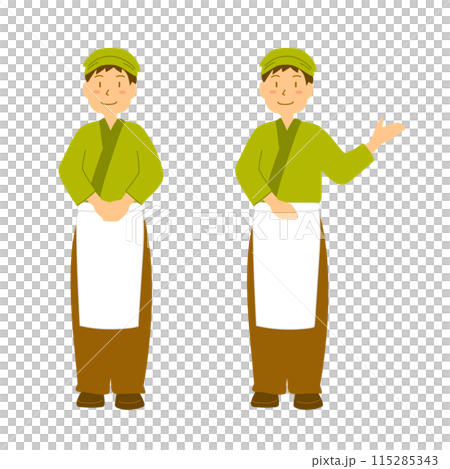穿著日式製服、微笑著為顧客服務的男人的插圖 穿著日式製服、微笑著為顧客服務的男人的插圖 115285343