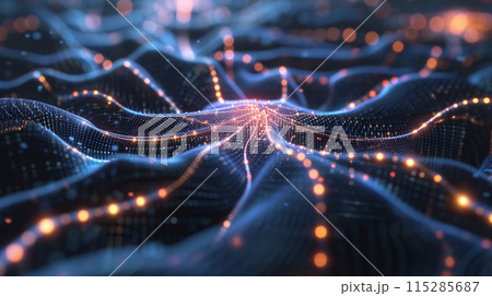 A Computer Generated Image Of A Futuristic Background With Waves And Glowing Particles 115285687