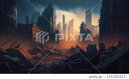 燃える廃墟ビル街の風景（AI生成画像） 115285811