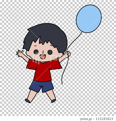 A cartoon boy is holding a blue balloon A cartoon boy is holding a blue balloon 115285823