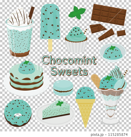 チョコミントスイーツのイラストセット 115285874