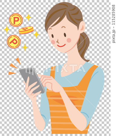 使用智慧型手機、收集積分和付款的家庭主婦 115285908