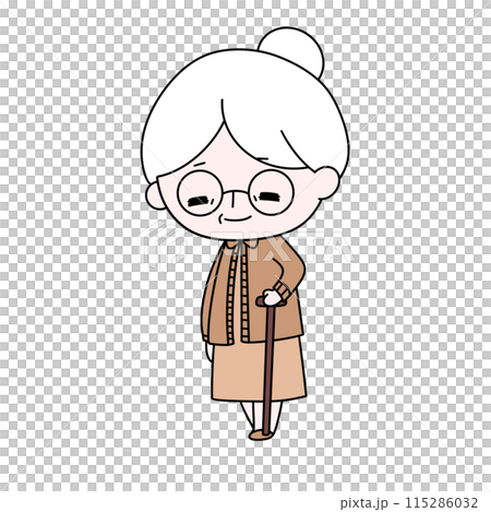 A cartoon woman with a cane and glasses A cartoon woman with a cane and glasses 115286032