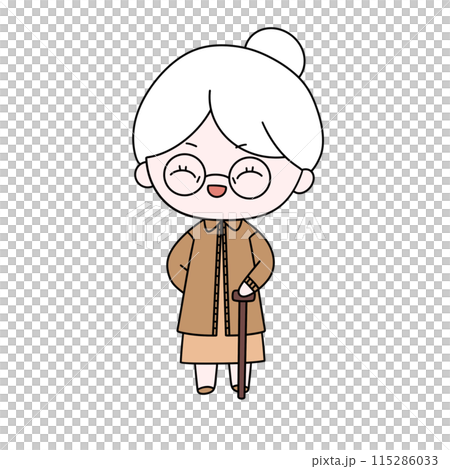 A cartoon woman with a cane and glasses A cartoon woman with a cane and glasses 115286033