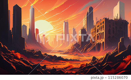 燃える廃墟ビル街の風景(AI生成画像) 燃える廃墟ビル街の風景(AI生成画像) 115286070