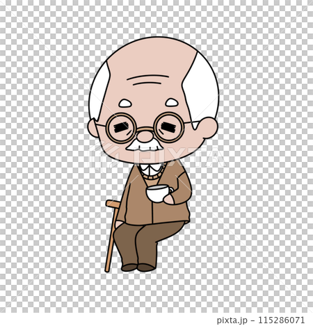 An old man is sitting in a chair with a cane and a cup in his hand An old man is sitting in a chair with a cane and a cup in his hand 115286071
