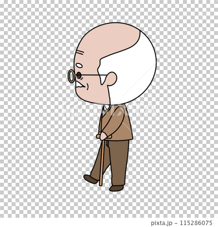 An old man with a cane walks down the street 115286075