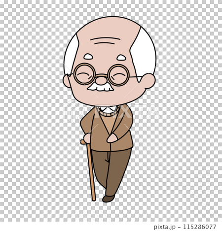 An old man with glasses and a cane is walking 115286077