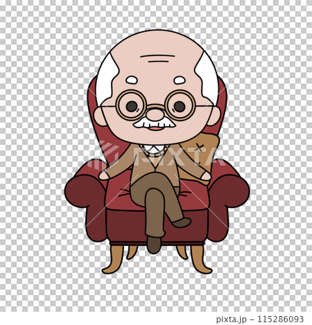 An old man is sitting in a red chair with a white background 115286093