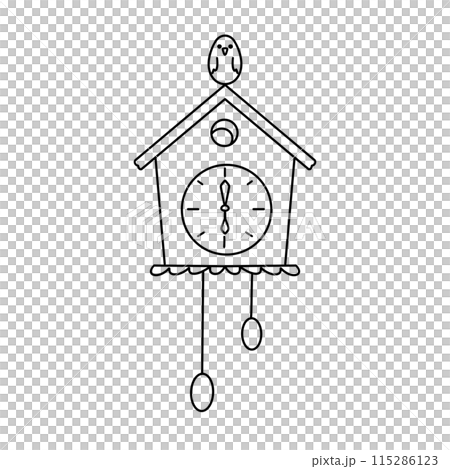 A clock is hanging from a birdhouse 115286123