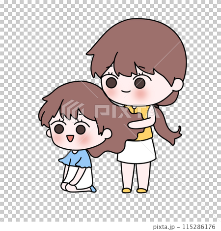 A cartoon drawing of a girl with long hair being brushed by another girl 115286176