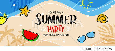 Summer party banner poster with doodle element on beach background. 115286279