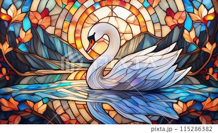 水に浮かぶ白鳥のステンドグラス風イラストのイラスト素材 [115286382