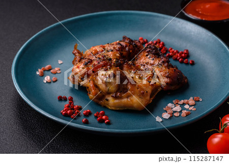 Delicious juicy chicken steak with salt, spices and herbs Delicious juicy chicken steak with salt, spices and herbs 115287147