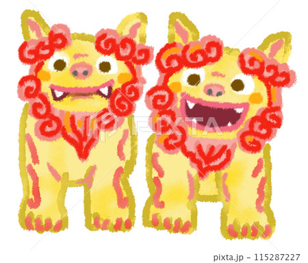 赤いたてがみに黄色い肌の二匹のシーサーのイラスト 115287227